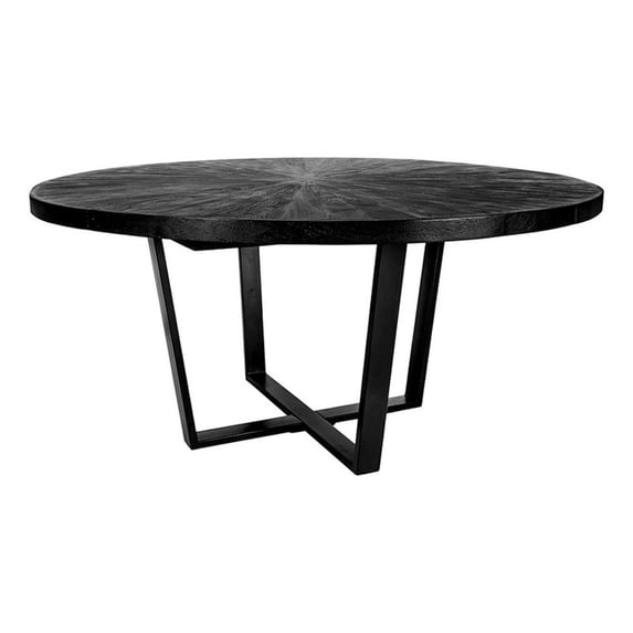 Benjara Raj 63" Round Dining Table- Cross Legs Design- Black Acacia Wood- Iron