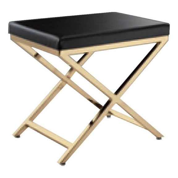 Benjara Myra 21" Accent Stool- Black Faux Leather- Gold Finished Cross Legs