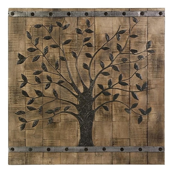 36 Inch Tree Of Life Wall Panel, Square, Mango Wood, Brown and Black