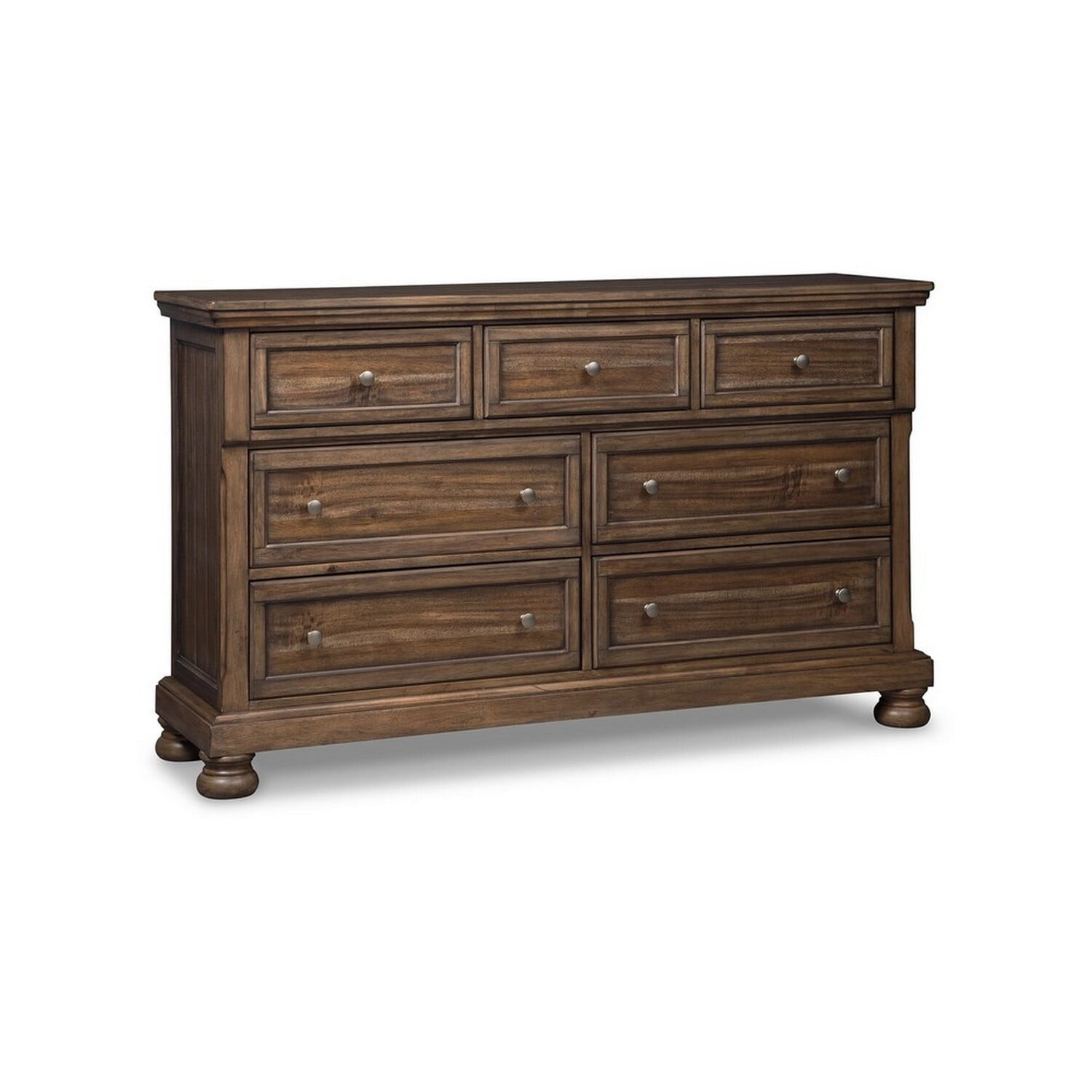 Benjara Flynt 65 Inch Wide Dresser, 7 Gliding Drawers with Knobs, Brown Wood Veneer
