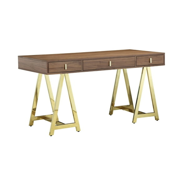 Benjara BM313558 55 in. Ile Desk with 3 Storage Drawers - Wood Veneer & Metal - Brown & Gold
