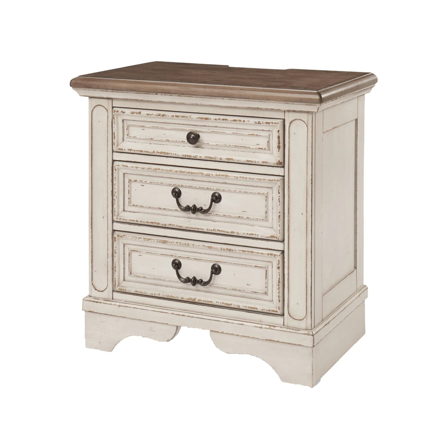 White and Brown Solid Wood 3-Drawer Nightstand with Black Handles