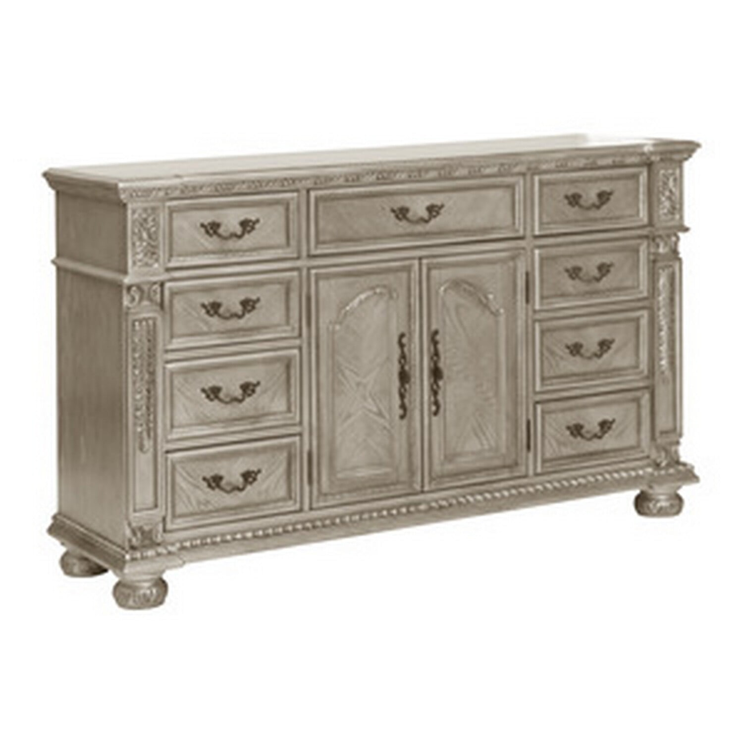 Benjara Lumi 68 Inch Dresser, 9 Drawers, 1 Cabinet, Platinum Gold Wood Finish