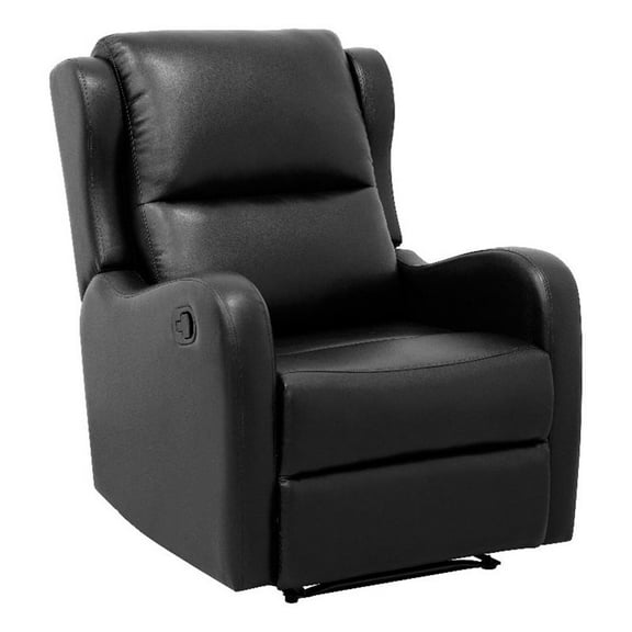 Kim 38 Inch Manual Recliner Chair- Cushioned Black Faux Leather- Solid Wood