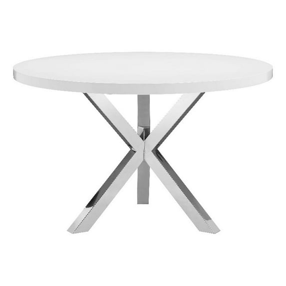 Emi 47 Inch Round Dining Table- X- Cross Brushed Steel- White Wood