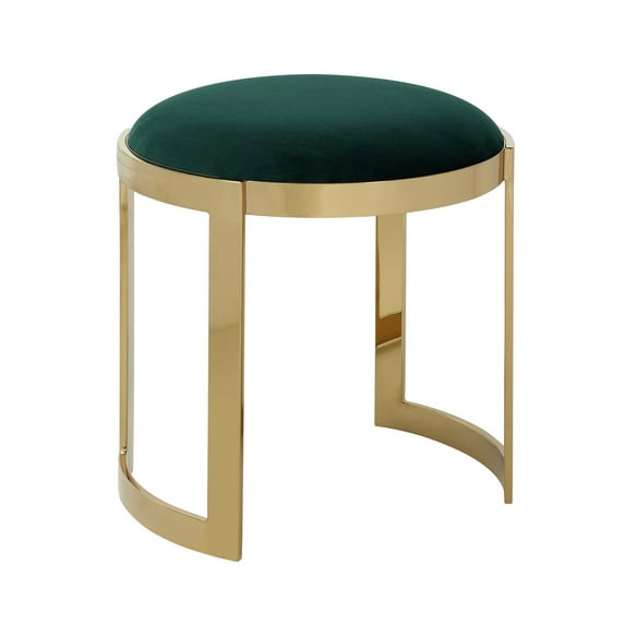 Benjara Niyo 19" Accent Stool Ottoman- Round Cushioned Green Velvet Seat- Gold