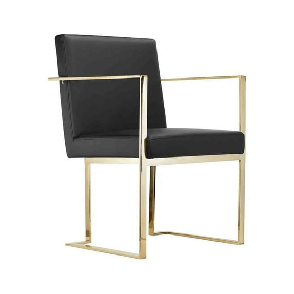 Benjara Boly 24 Inch Dining Armchair, Plush Black Faux Leather, Gold Cantilever