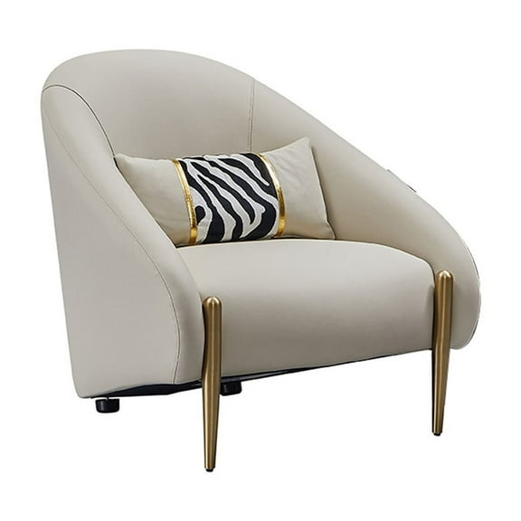 Kie 33 Inch Accent Chair, Pillow, Curved, Gray Real Leather, Gold Metal