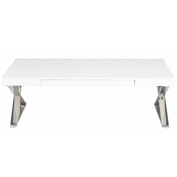 Benjara Rix 48 Inch Coffee Table, 1 Drawer, X Shaped Steel Legs, White Wood Top