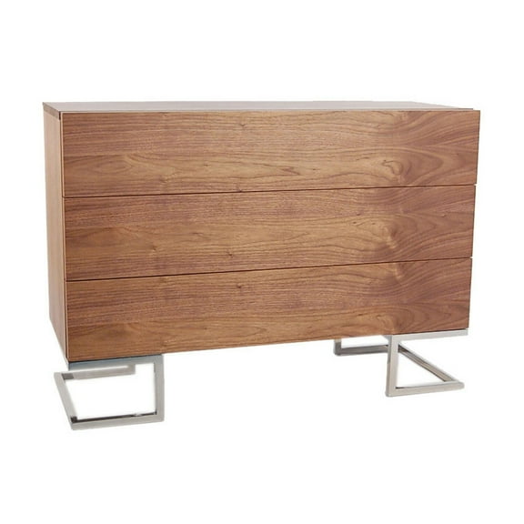 Benjara BM315075 Sam 39 in. Dresser, 3 Drawers - Sleek Chrome Steel Legs, Walnut Brown Wood