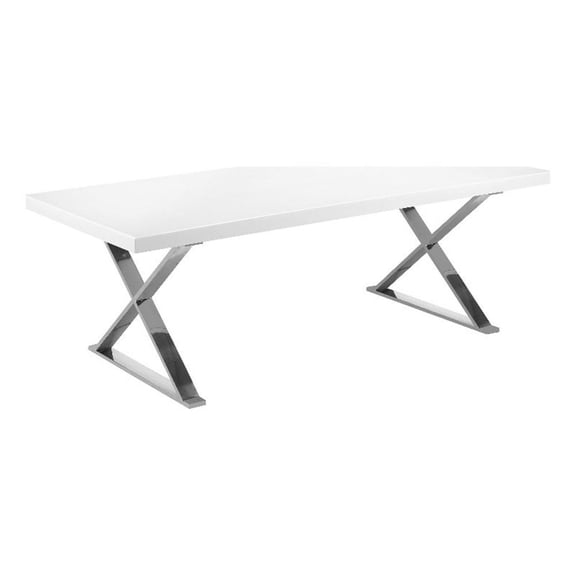 Rix 87 Inch Dining Table, White Wood Top, X Chrome Finished Steel Legs