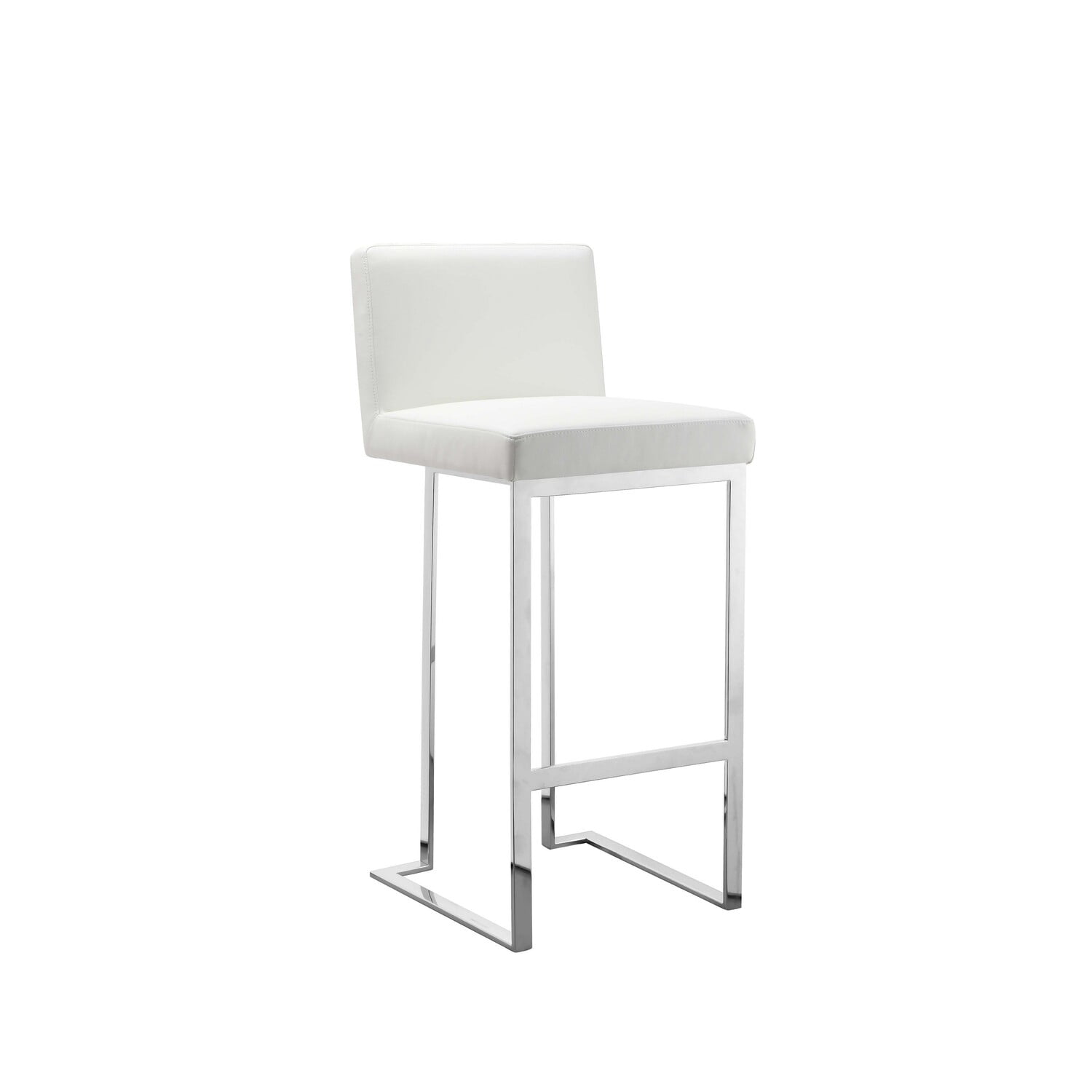 Benjara Boly 30 Inch Barstool Chair, White Faux Leather, Cushions, Chrome Steel