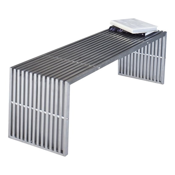 Benjara Niki 55" Metal Bench- Slatted- Rectangular Shape- Brushed Silver Steel