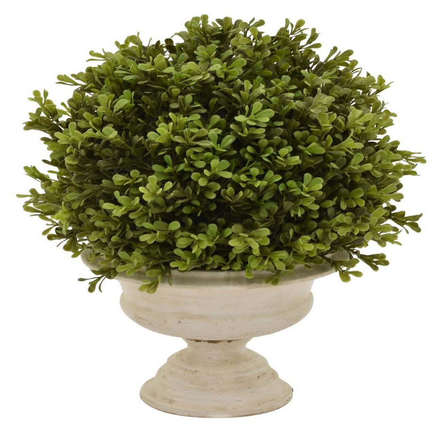 15-Inch Green Faux Boxwood Topiary Plant in Off-White Urn Pot