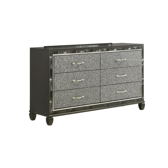 Benjara BM316125 65 in. Ren 6 Glitter Front Storage Drawers Black & Silver Chrome Wide Dresser