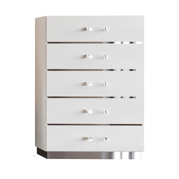 Benjara Ruo 50 Inch Tall Dresser Chest, 5 Drawers, Chrome Plinth Base, White Wood