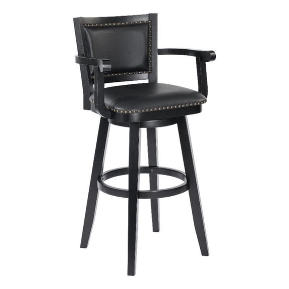 Benjara Kera 36" Extra Tall Swivel Barstool Chair- Black Faux Leather- Nailhead