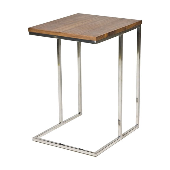 Zen 23 Inch Side Table, Rectangular Tray Top, C Shape Chrome, Walnut Brown