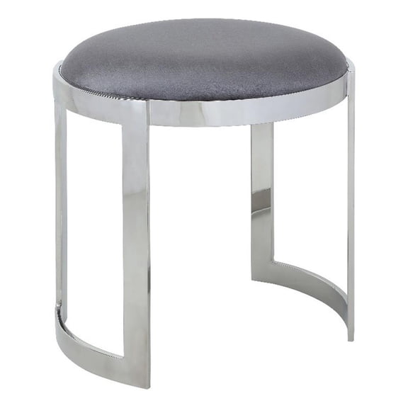 Benjara Niyo 19" Accent Stool- Cushioned Gray Velvet Seat- Silver Metal Frame