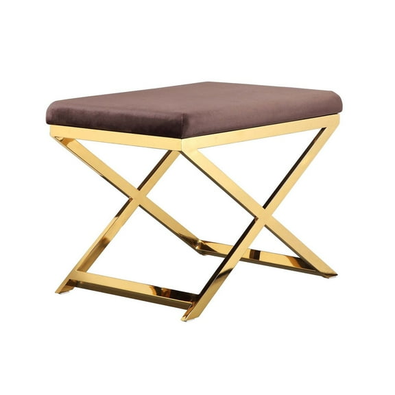 Benjara Sovi 20" Ottoman Stool- Chocolate Brown Velvet- Stainless Steel- Gold