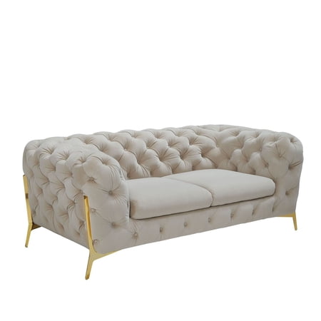 Benzara Reno Joni Upholstered Modern Fabric & Metal Loveseat in Beige/Gold