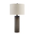 thumbnail image 1 of Benjara 28 Inch Table Lamp, Brown Carved Frosted Glass, White Drum Fabric Shade, 1 of 5
