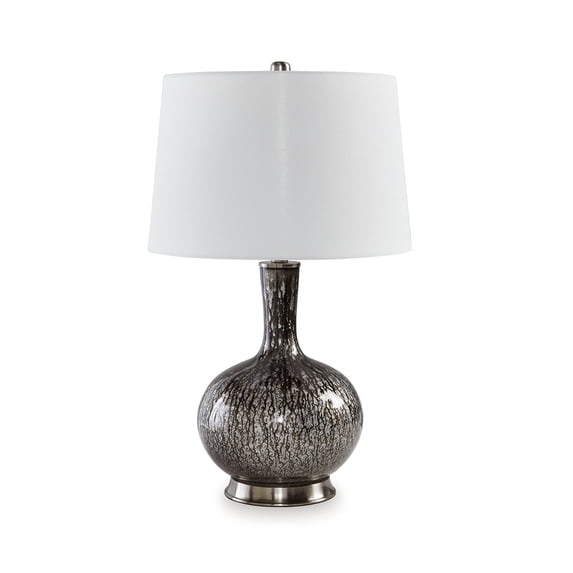 Benjara 26 Inch Table Lamp, Tall Black Round Glass Base, White Drum Fabric Shade
