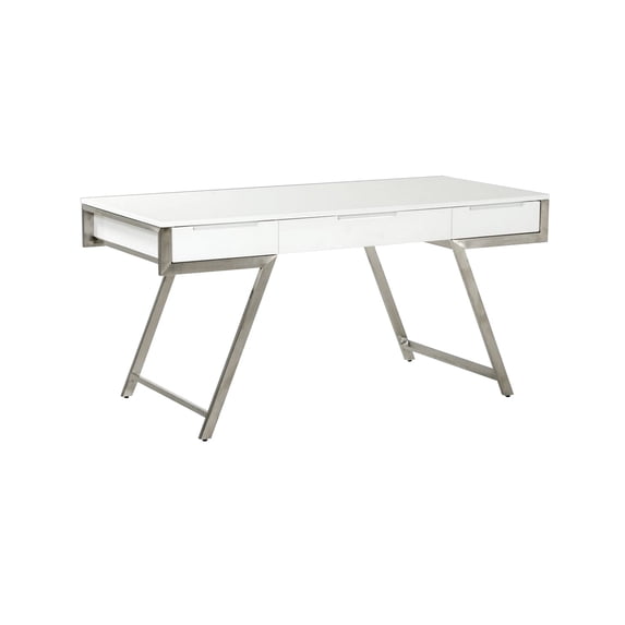 Benjara 63 Inch Office Desk with a Drawer, White Gloss Finish, Chrome Metal Frame