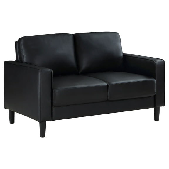 Rumi Loveseat, Black Faux Leather, Modern Track Style Arms, Foam, 54 Inch