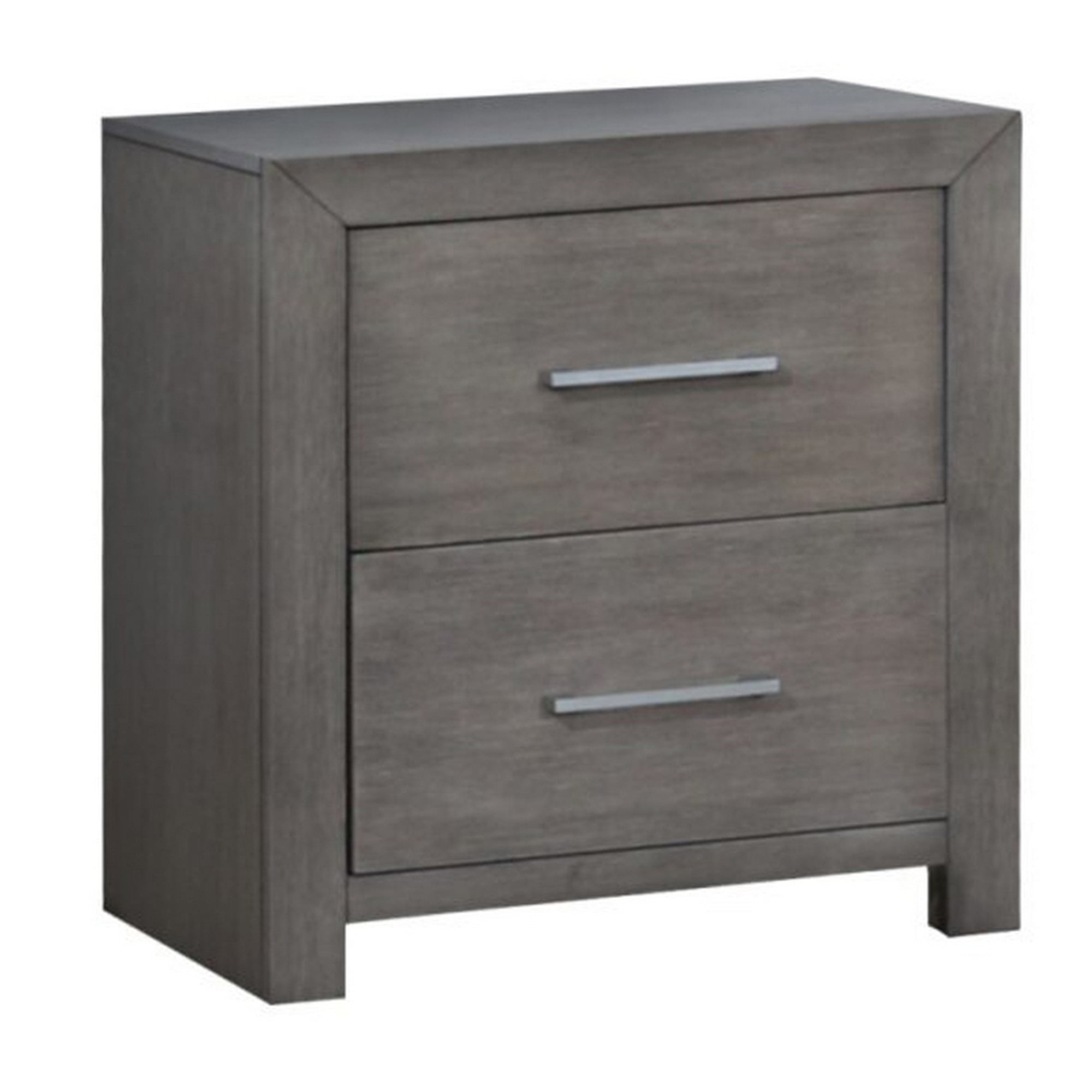 Wane Nightstand with 2 Drawers, 16 Inch, Metal Knobs, Gray Wood Finish