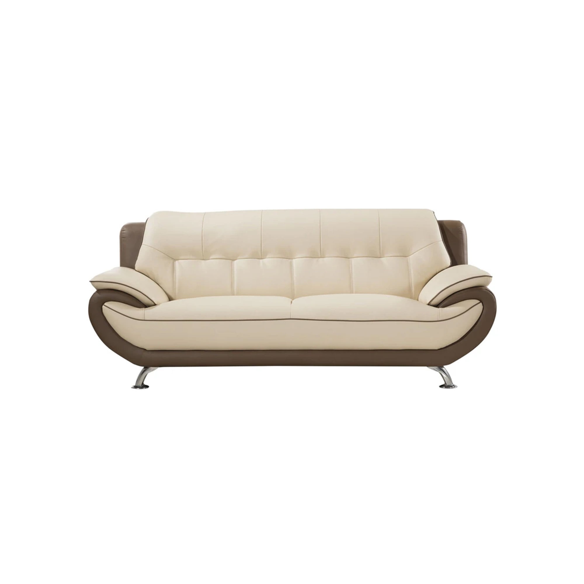 Diana 83 Inch Sofa, 2 Tone Brown Cream Genuine Leather, Pillow Arms, Chrome
