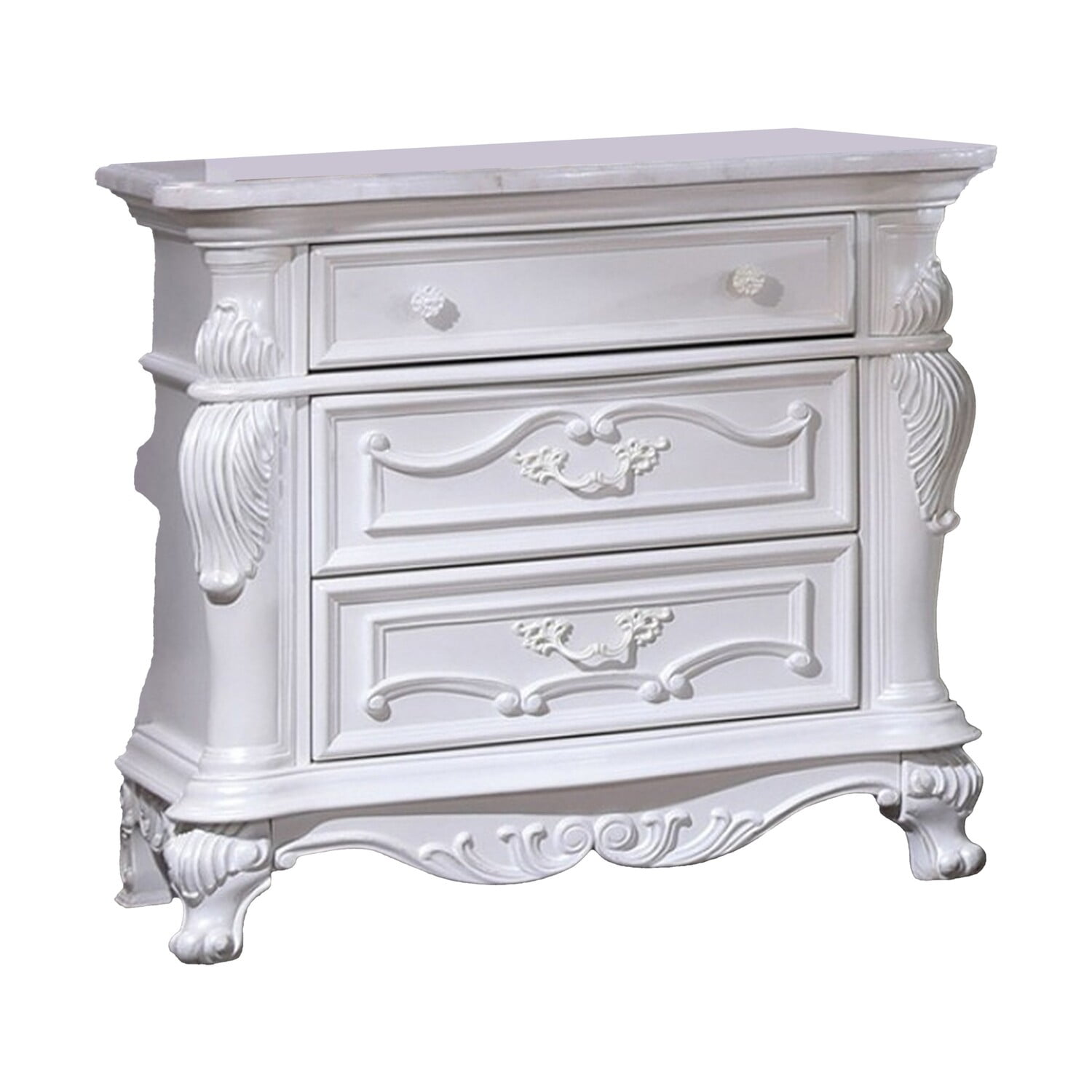 Venta White Solid Wood 3 Drawer Nightstand with Carved Details