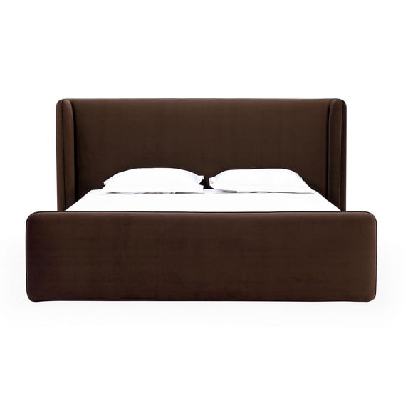 Benjara Baca Queen Platform Bed, Velvet Upholstery, Wingback Headboard, Brown