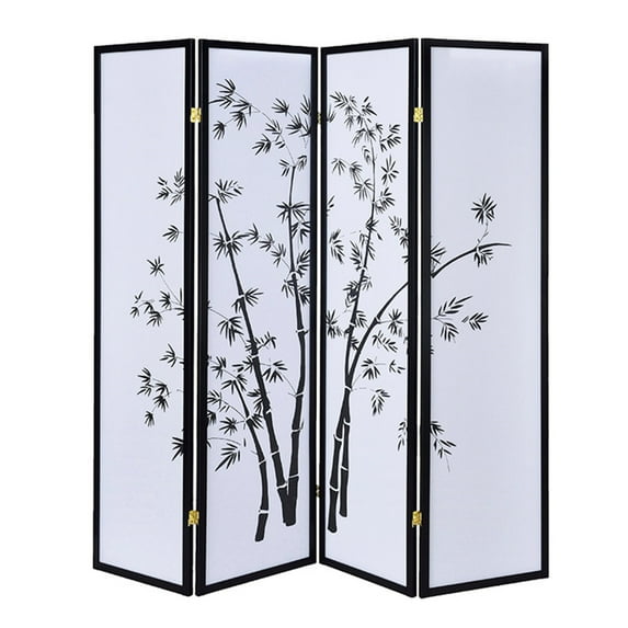Benjara Bamboo Print 4 Panel Wooden Room Divider, White and Black