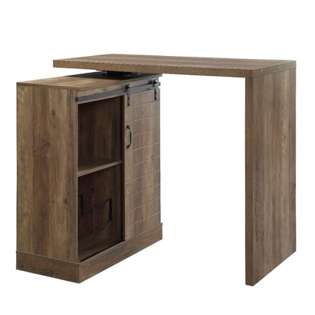 Benjara Bar Table with Swivel Table Top and Barn Sliding, Rustic Brown