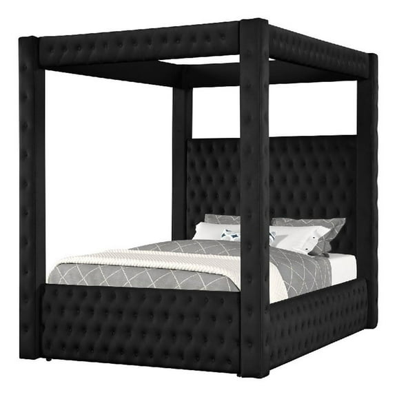 Beli King Size Canopy Bed- Tufted Design- Black Velvet Upholstery
