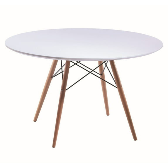 Benjara Ben 47 Inch Dining Table, Round White Lacquer, Tapered Legs, Wood, Metal