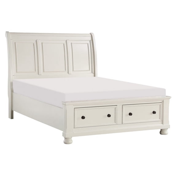 Benjara Bency California King Sleigh Style Platform Bed, 2 Drawer Footboard, White