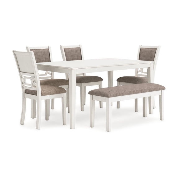 Berg 6pc Dining Table Set, Gray White Wood, 4 Chairs and 1 Bench