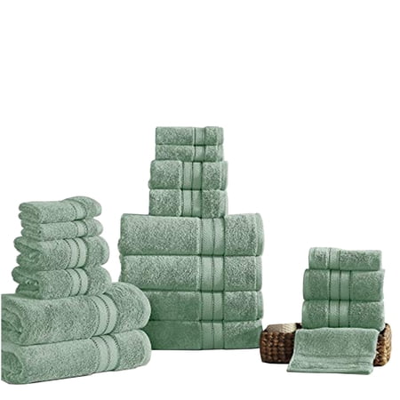 Bergamo 18 Piece Spun loft Towel Set with Striped Pattern The Urban Port, Green- Saltoro Sherpi