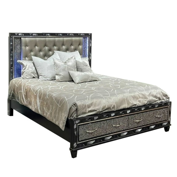 Bet Queen Bed, Silver Faux Leather Upholstery, LED, Crystal Accents, Black