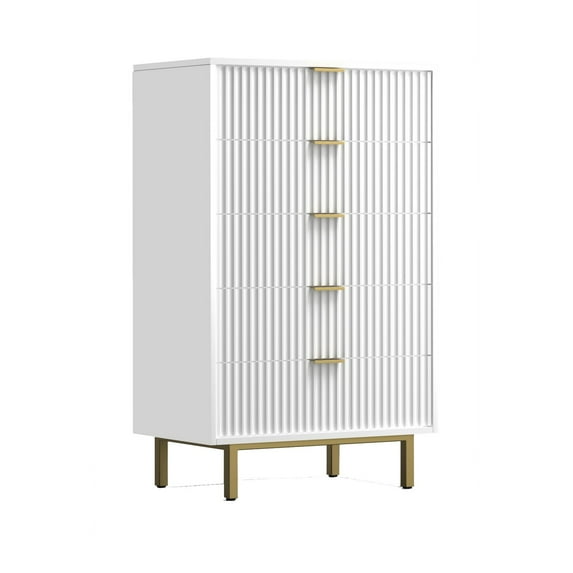 Benjara Beth 48 Inch 5 Drawer Tall Dresser Chest, White Mahogany Wood, Gold