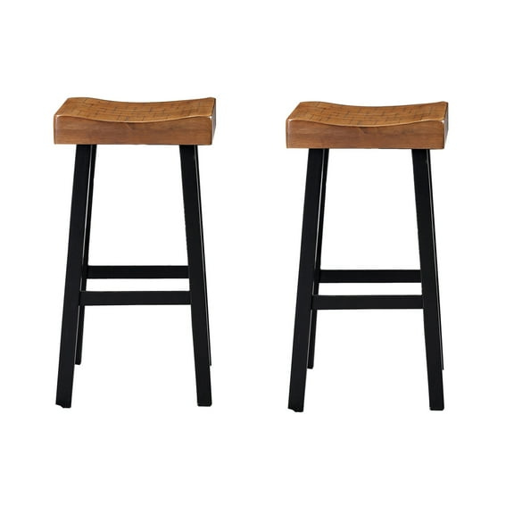 Bianca Barstool Set of 2, Light Brown Saddle Seat, Black Solid Wood