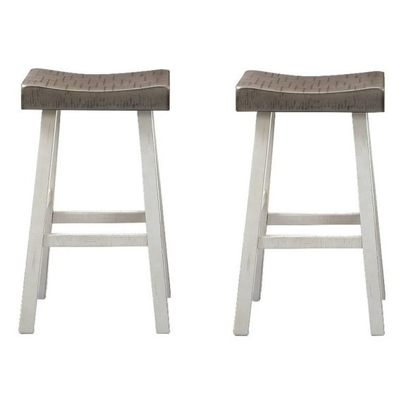 Bianca Counter Stool Set of 2- Dark Gray Saddle Seat- White Solid Wood