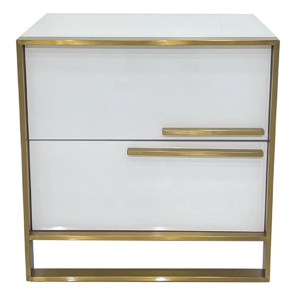 Benjara Boko Nightstand- 2 Drawers w Modern Gold Metal Handles- 20" White