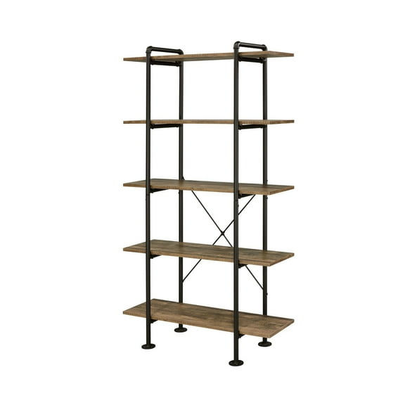 Benjara Bookcase with Metal Pipe Design and 5 Tier Shelves, Brown