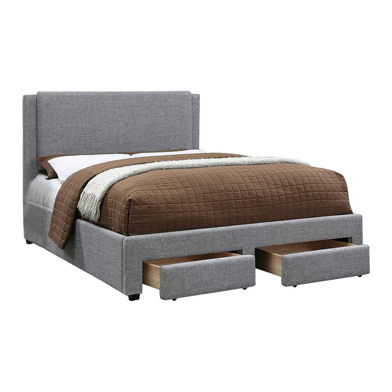 Benzara Bovi Fabric California King Size Bed with 2 Storage Drawers in Gray