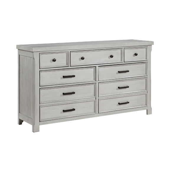Benjara Brok 67 Inch Dresser, 7 Drawers, Light Gray Acacia, Black Bar Handles