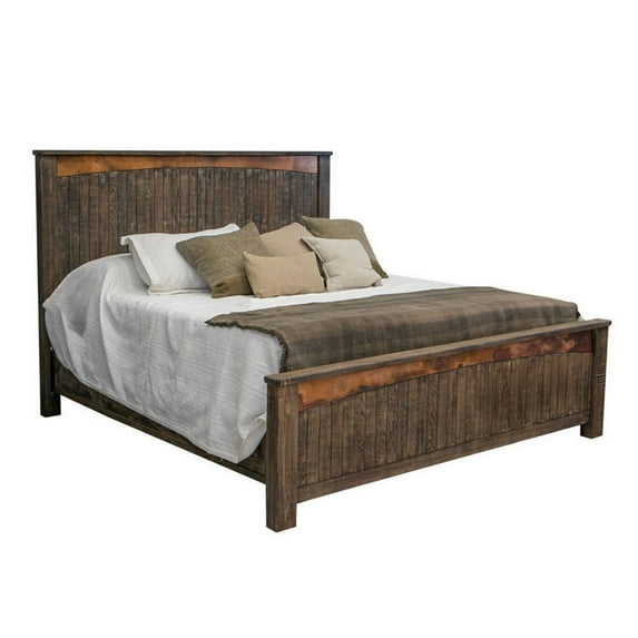 Benjara Brun King Size Bed, Pine Wood Frame, Planked Design, Dark Rustic Brown