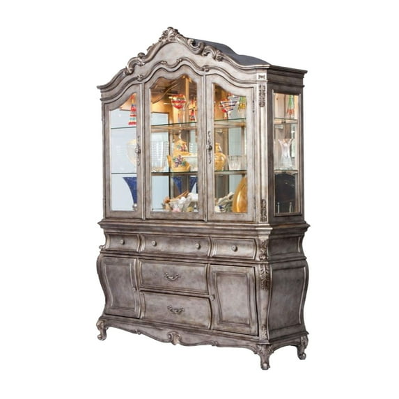 Benjara Buffet with 5 Drawer and 2 Glass Door Hutch, Gray